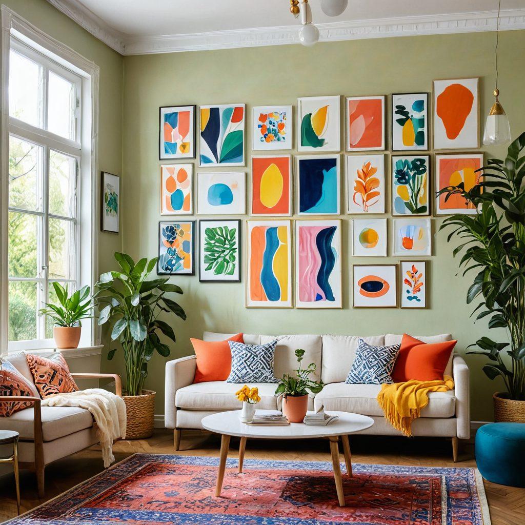 A vibrant living room filled with colorful wall art, featuring cheerful abstract paintings, playful patterns, and uplifting quotes artfully arranged on the walls. Include elements of greenery, such as potted plants, and sunlight streaming through a window to create a warm and inviting atmosphere. Emphasize a sense of joy and transformation in the decor. super-realistic. vibrant colors. bright daylight.
