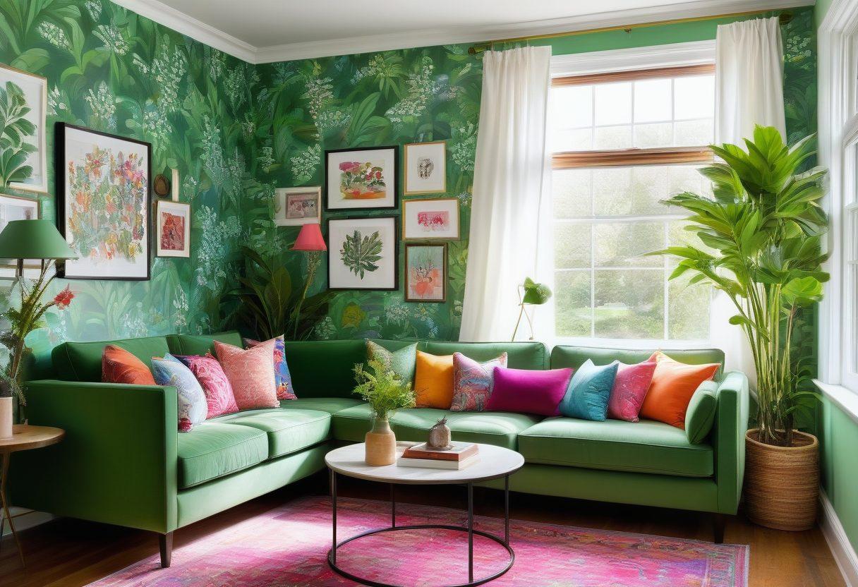 A vibrant living room with colorful, creative wall solutions such as removable wallpaper, artistic wall decals, and framed pictures. Include a cozy seating area with bright cushions and plants that add a cheerful touch. Light streaming in through large windows enhances the inviting atmosphere. Capture a sense of transformation and inspiration in home styling. super-realistic. vibrant colors. energetic atmosphere.
